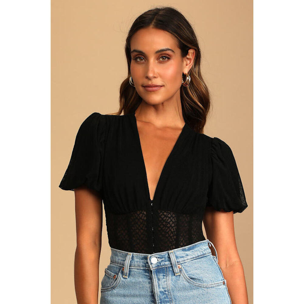 Lulus Properly Trendy Black Mesh Puff Sleeve Bodysuit - Size S